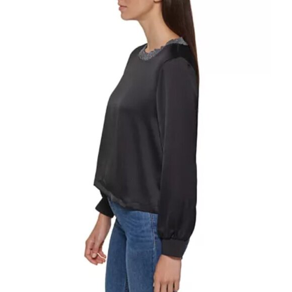 Calvin Klein Metallic Trim Long Sleeve Satin Blouse Black - Picture 3 of 15
